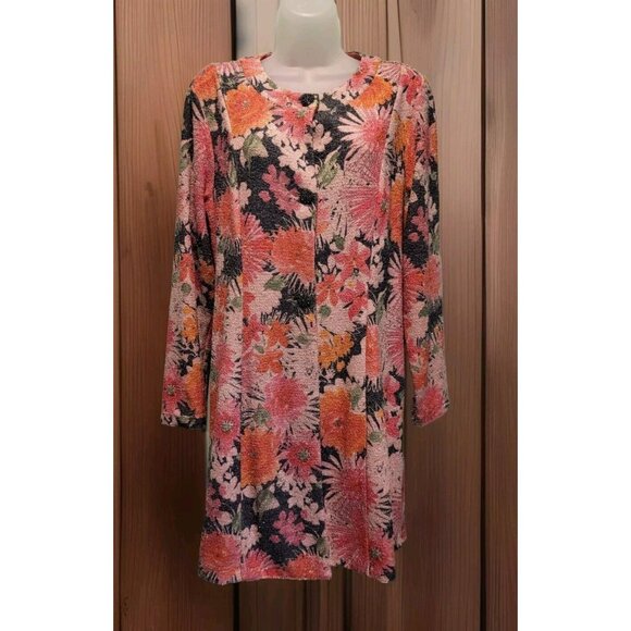 Susan Graver Pink Orange Sparkle Floral Knit 3 Button Long Blazer Jacket Sz S - Picture 1 of 8